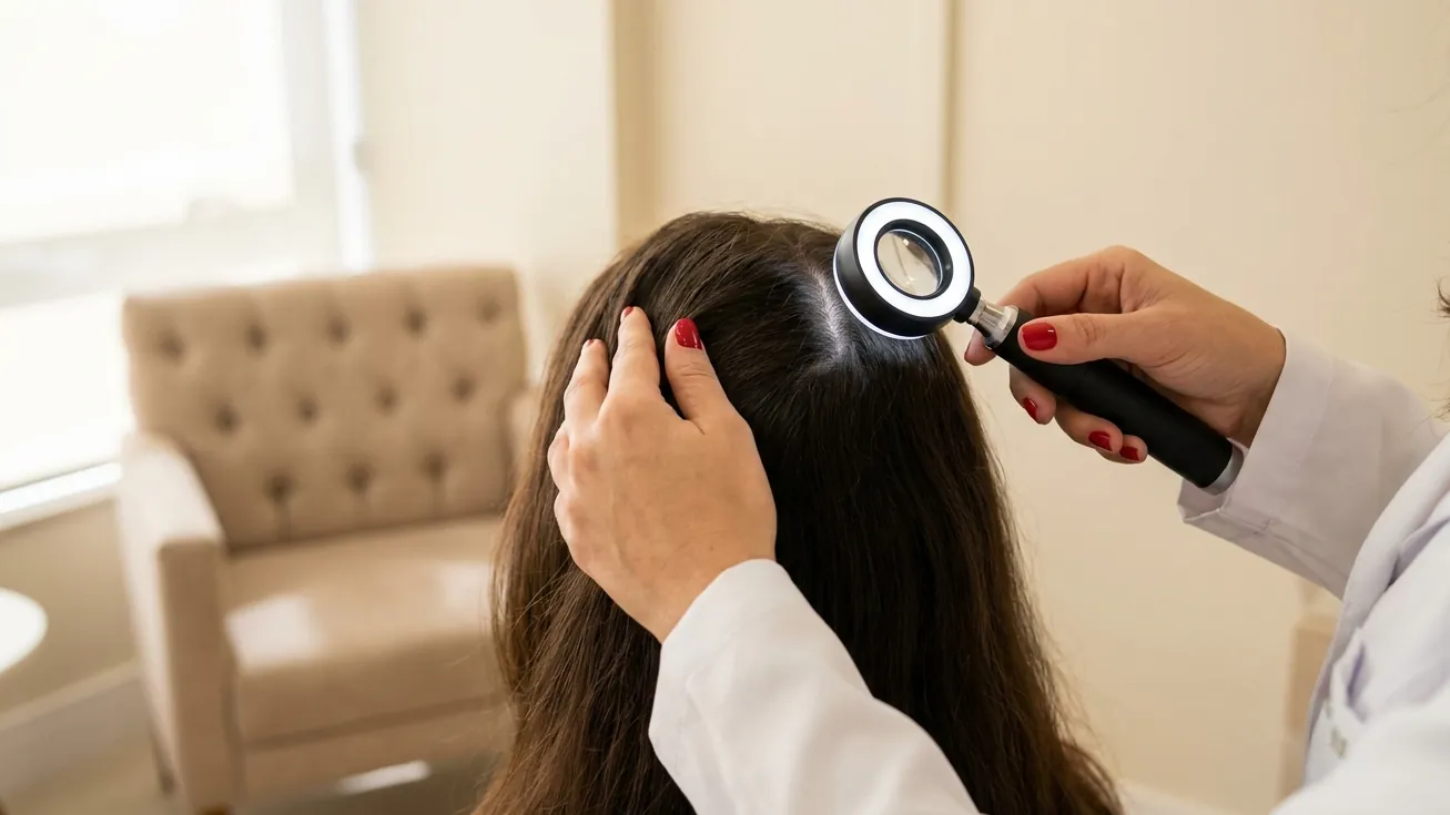 Mãos de médica com um dermatoscópio examinando o couro cabeludo de uma paciente