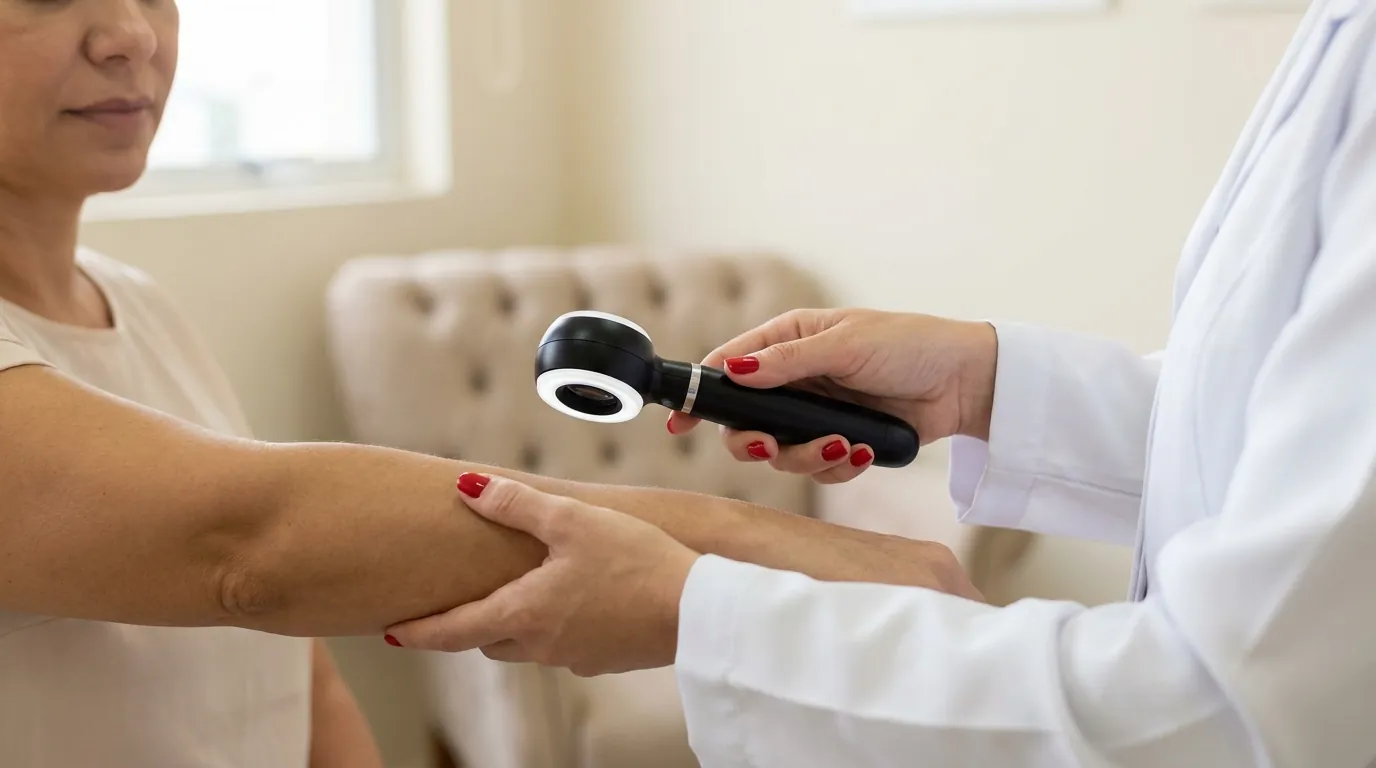 Mãos de médica com um dermatoscópio examinando o braço de uma paciente
