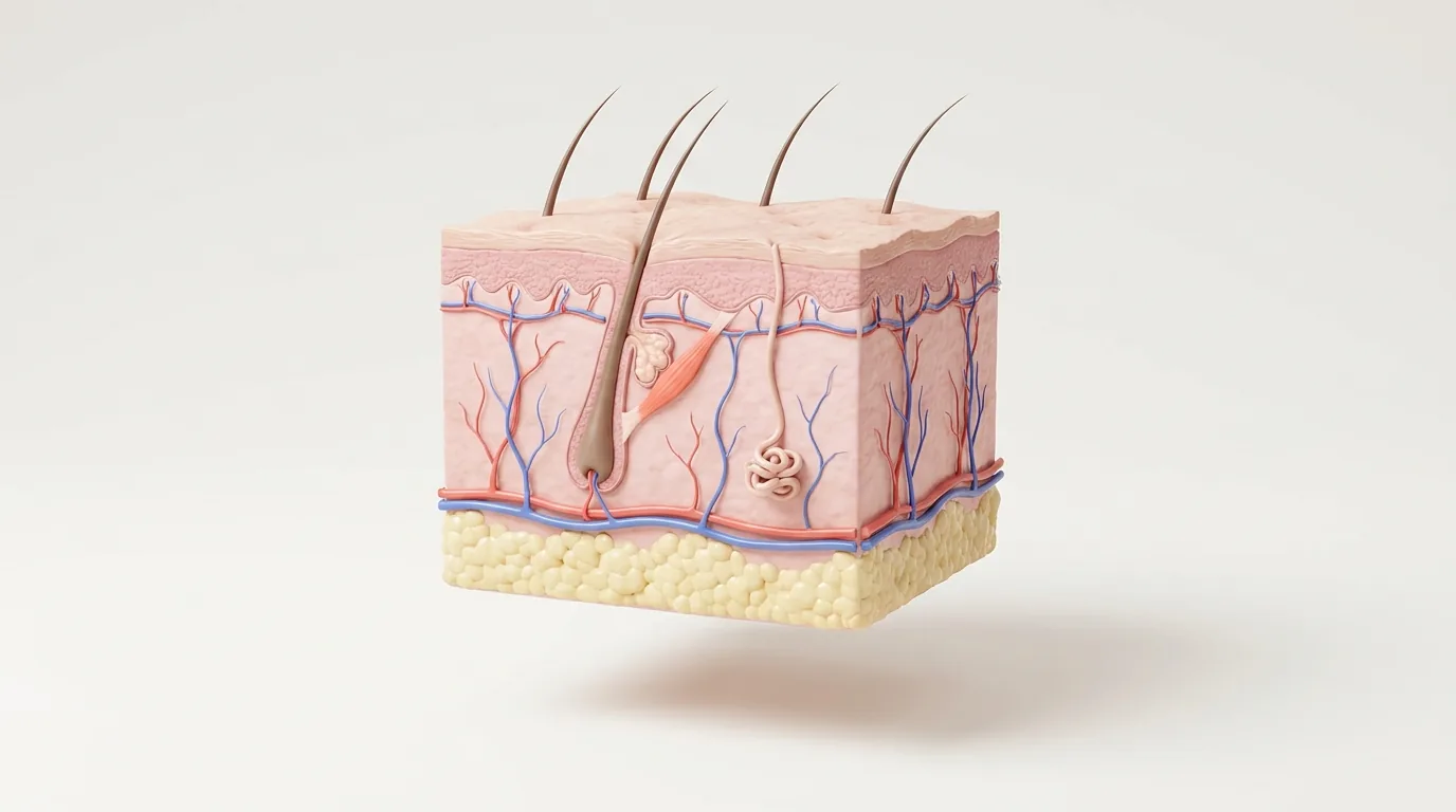 Ilustração de um corte da pele com epiderme, derme e hipoderme