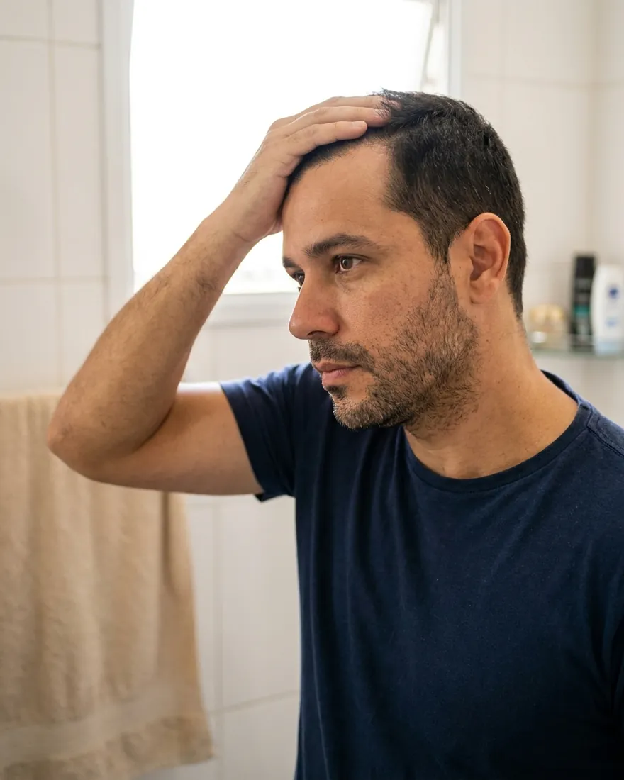 Homem no banheiro de casa, afastando o cabelo da testa para olhar as entradas