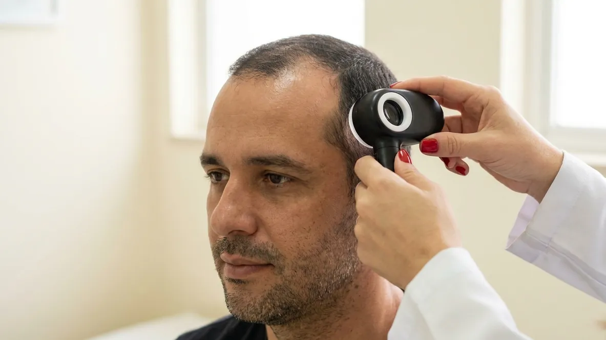 Mãos de médica com um dermatoscópio examinando a entrada do cabelo de um homem