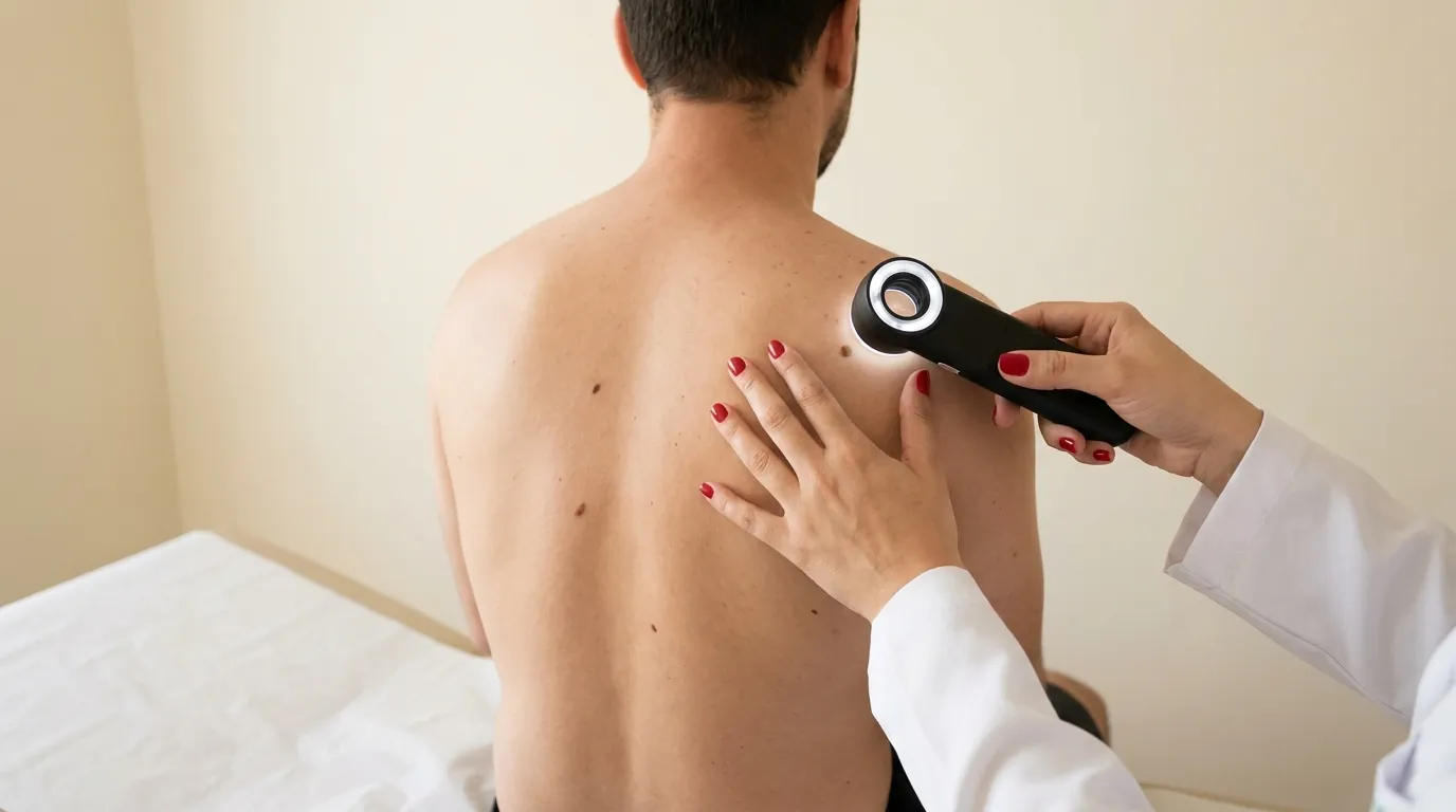 Mãos de médica com um dermatoscópio examinando uma pinta nas costas de um paciente