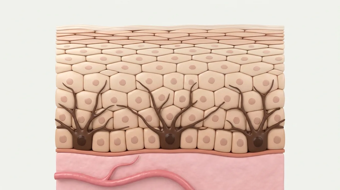 Ilustração da epiderme com células basais e melanócitos na base